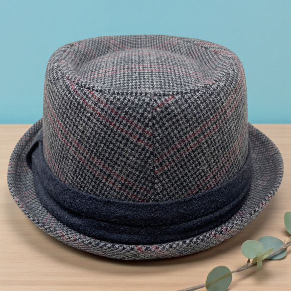 Free Authority Sz L/XL Gray Plaid Fedora Gangster Hat Trilby Cuban Wool Blend - Picture 3 of 6